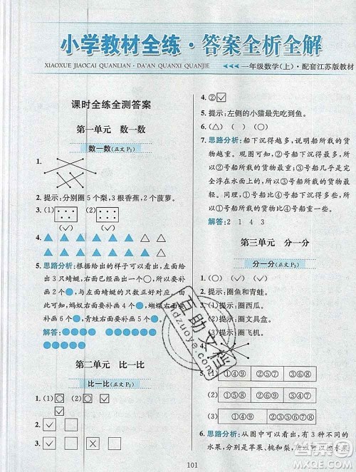 陕西人民教育出版社2019年小学教材全练一年级数学上册江苏版答案 陕西人民教育出版社2019年小学教材全练一年级数学上册江苏版答案