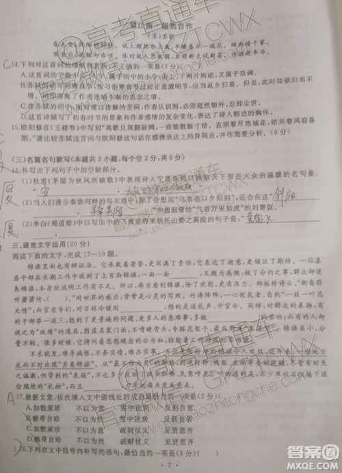 湖北部分重点中学2020届高三第一次大联考语文试题及答案