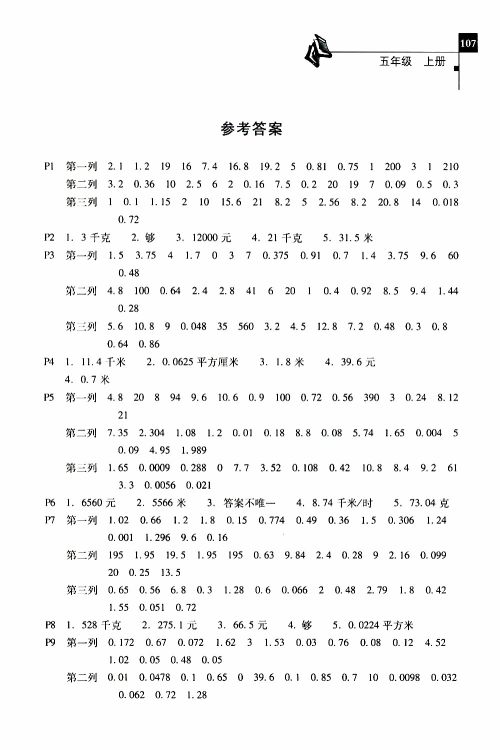 2019年一线名师口算应用题天天练一本全五年级上册参考答案