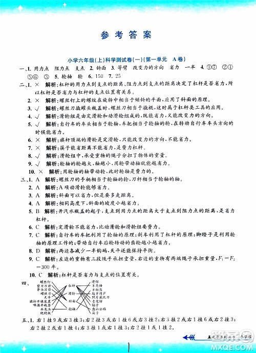 孟建平系列丛书2019年小学单元测试科学六年级上册J教科版参考答案