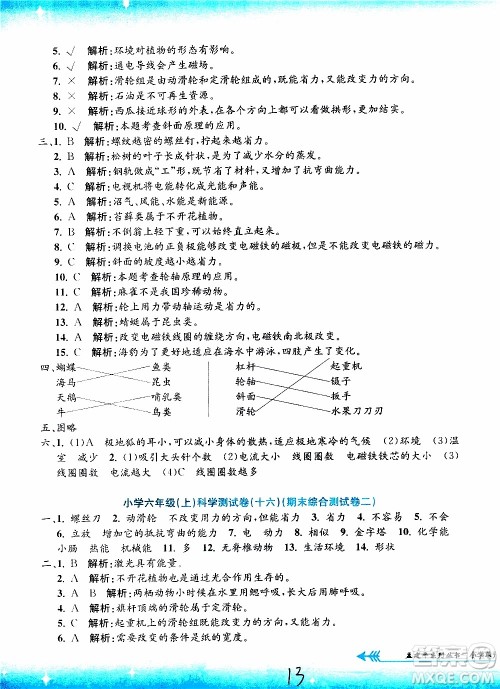 孟建平系列丛书2019年小学单元测试科学六年级上册J教科版参考答案