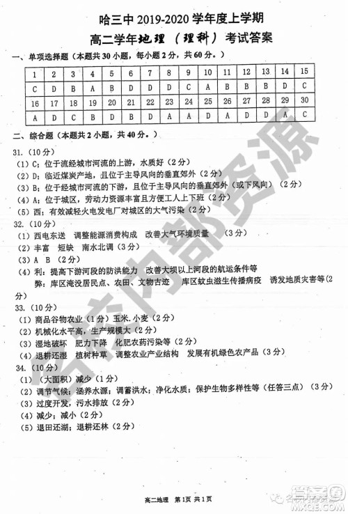 哈三中2019-2020学年度高二上期中考试理科地理试卷及答案 哈三中2019-2020学年度高二上期中考试理科地理试卷及答案