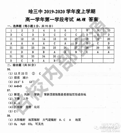哈三中2019-2020学年度高一上期中考试地理试卷及答案 哈三中2019-2020学年度高一上期中考试地理试卷及答案