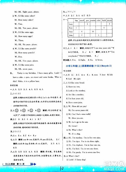 孟建平系列丛书2019年小学单元测试英语三年级上册R人教版参考答案 孟建平系列丛书2019年小学单元测试英语三年级上册R人教版参考答案