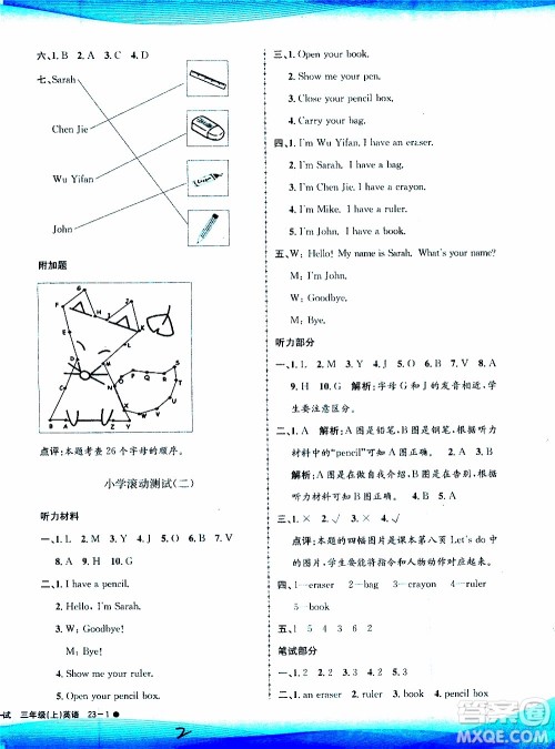 孟建平系列丛书2019年小学滚动测试英语三年级上册R人教版参考答案 孟建平系列丛书2019年小学滚动测试英语三年级上册R人教版参考答案