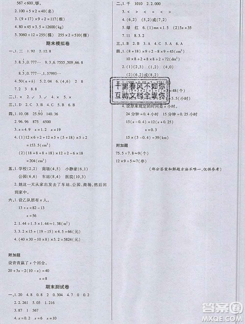 2019秋新版培优红领巾乐园人教版A版五年级数学上册答案