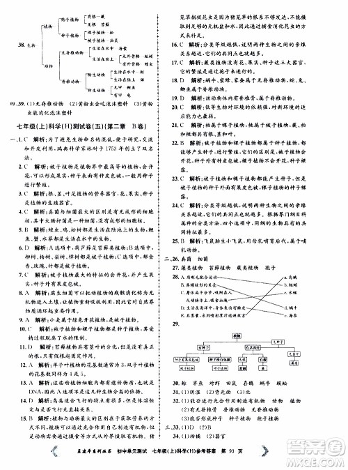2019年孟建平系列丛书初中单元测试科学七年级上册H沪教版参考答案 2019年孟建平系列丛书初中单元测试科学七年级上册H沪教版参考答案