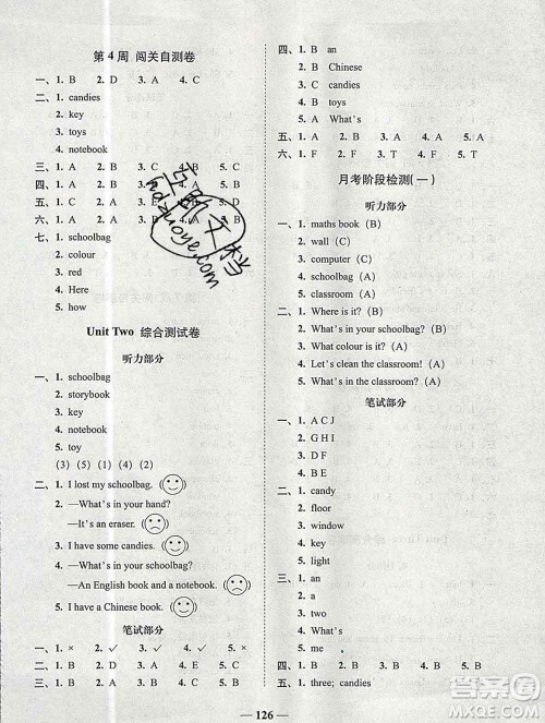 2019秋A+全程练考卷四年级上册英语人教版参考答案