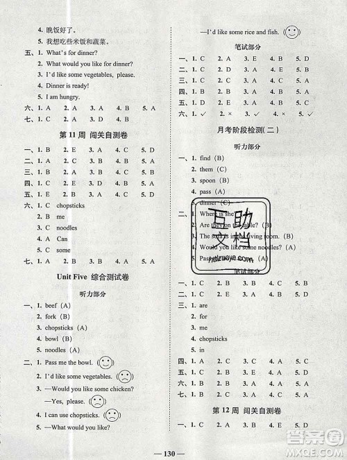 2019秋A+全程练考卷四年级上册英语人教版参考答案