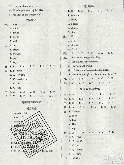 2019秋A+全程练考卷四年级上册英语人教版参考答案