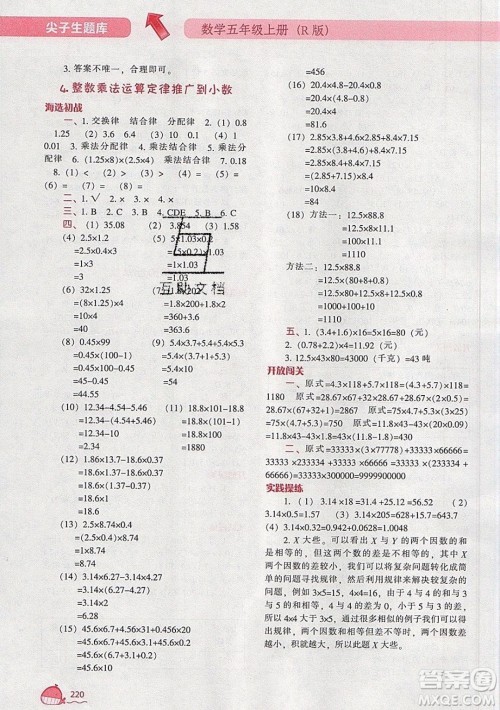 2019年尖子生题库数学五年级上册R版人教版参考答案