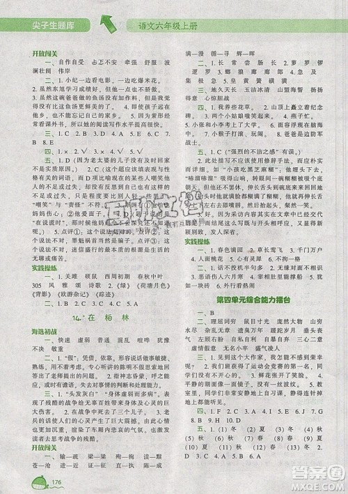 2019年尖子生题库语文六年级上册部编人教版参考答案 2019年尖子生题库语文六年级上册部编人教版参考答案