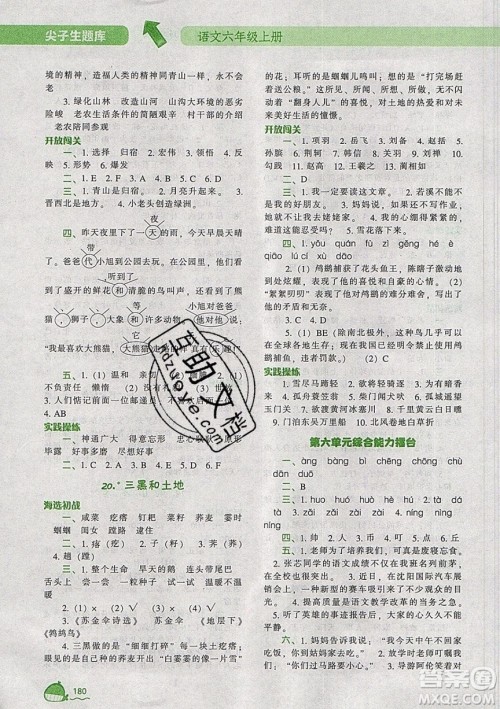 2019年尖子生题库语文六年级上册部编人教版参考答案 2019年尖子生题库语文六年级上册部编人教版参考答案