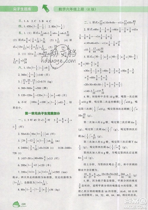 2019年尖子生题库数学六年级上册R版人教版参考答案