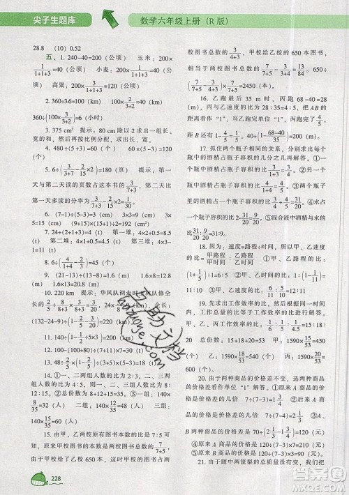 2019年尖子生题库数学六年级上册R版人教版参考答案