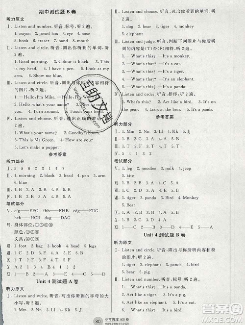 2019秋非常海淀单元测试AB卷三年级英语上册人教版答案 2019秋非常海淀单元测试AB卷三年级英语上册人教版答案