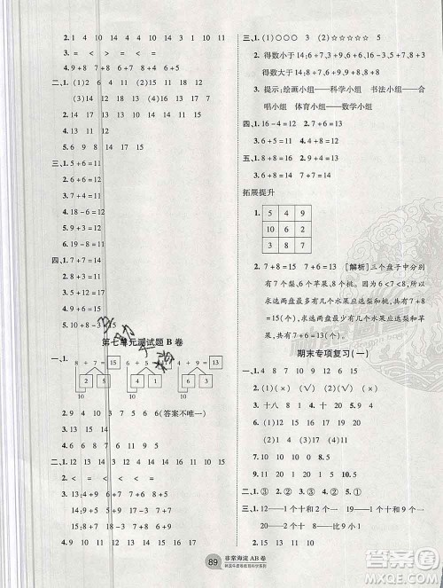 2019秋非常海淀单元测试AB卷一年级数学上册青岛版答案 2019秋非常海淀单元测试AB卷一年级数学上册青岛版答案