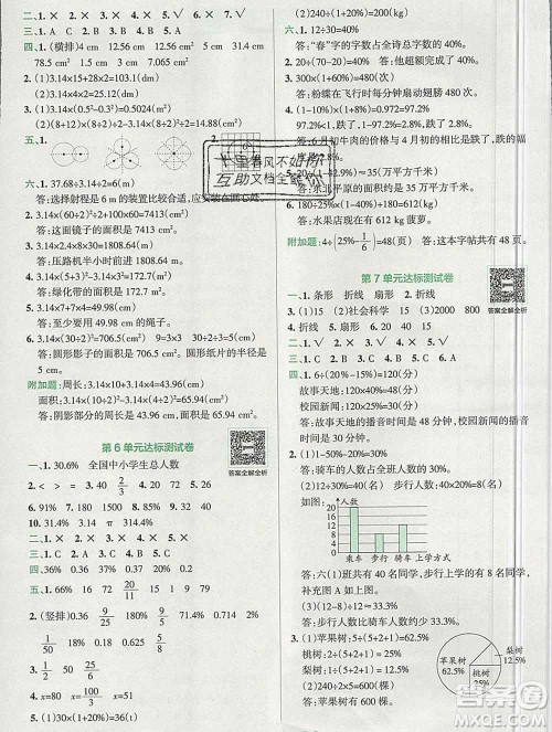 陕西师范大学出版社2019年小学学霸冲A卷六年级数学上册人教版答案