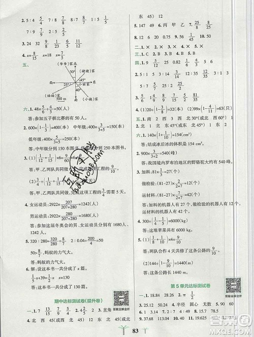 陕西师范大学出版社2019年小学学霸冲A卷六年级数学上册人教版答案