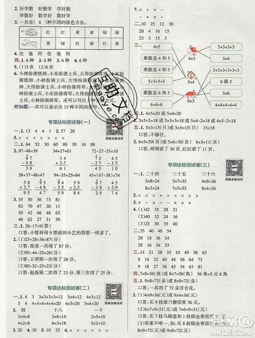 陕西师范大学出版社2019年小学学霸冲A卷二年级数学上册人教版答案