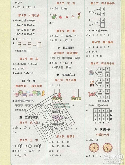 陕西师范大学出版社2019年小学学霸冲A卷一年级数学上册北师版答案