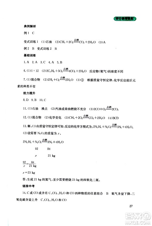 2019年新课程实践与探究丛书化学九年级上册山东教育版参考答案