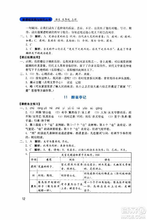 2019年新课程实践与探究丛书语文九年级上册人教版参考答案