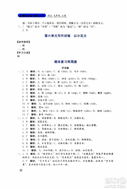 2019年新课程实践与探究丛书语文九年级上册人教版参考答案