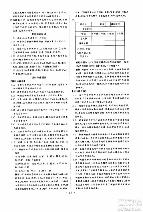 2019年新动力课堂与检测六年级上册生物学参考答案