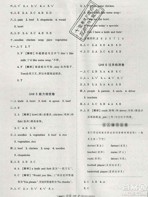 2019秋人教版王朝霞培优100分四年级英语上册答案