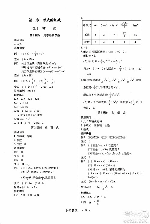 2019年一课一练创新练习数学七年级上册人教版参考答案 2019年一课一练创新练习数学七年级上册人教版参考答案