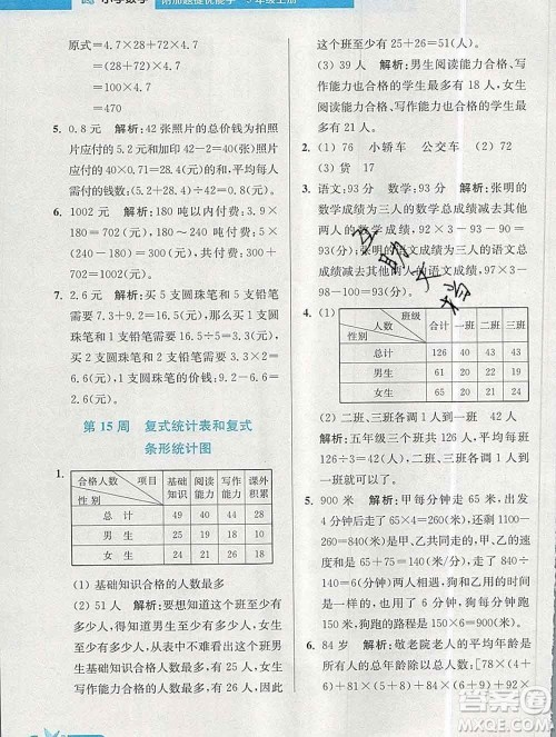 2019秋超能学典小学数学附加题提优能手五年级上册江苏版答案