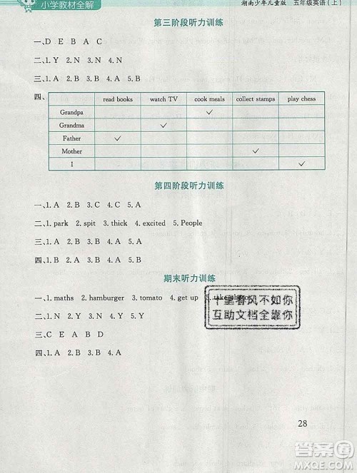 陕西人民教育出版社2019秋小学教材全解五年级英语上册湘少版答案