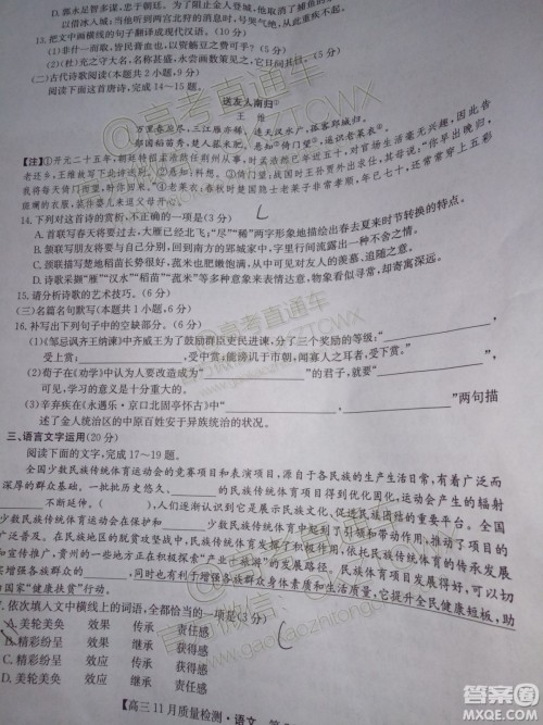 九师联盟2019-2020学年高三11月质量监测语文答案