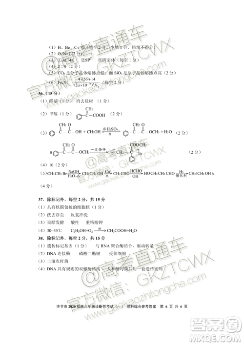 毕节市2020届高三年级诊断性考试一理科综合试题及答案
