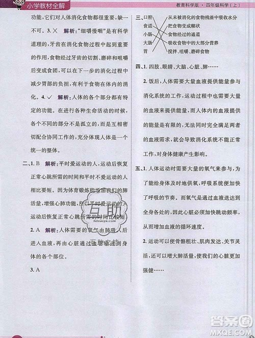 陕西人民教育出版社2019秋小学教材全解四年级科学上册教科版答案