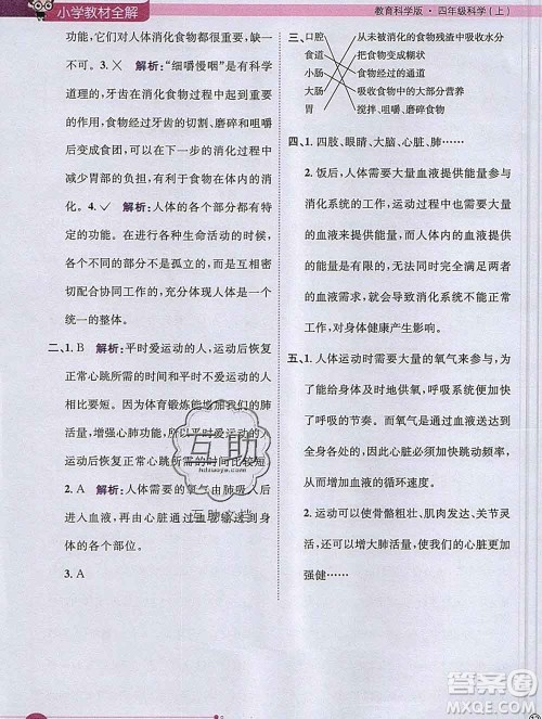 陕西人民教育出版社2019秋小学教材全解四年级科学上册教科版答案