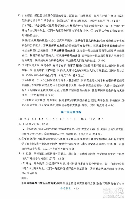2019年一课一练创新练习八年级上册道德与法治人教版参考答案