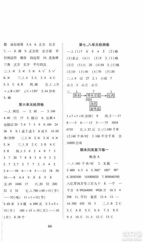 晨光出版社2019名师大课堂同步核心练习+试卷四年级数学上册人教版答案