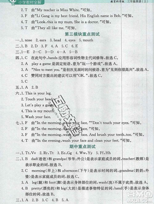 陕西人民教育出版社2019秋小学教材全解三年级英语上册教科版广州专用答案