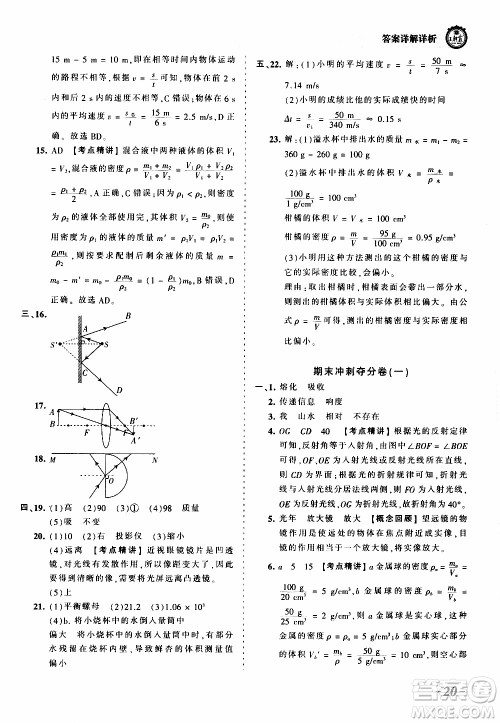 2019王朝霞考点梳理时习卷物理八年级上册RJ版人教版参考答案