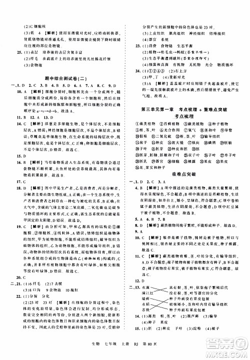 2019王朝霞考点梳理时习卷生物七年级上册RJ版人教版参考答案 2019王朝霞考点梳理时习卷生物七年级上册RJ版人教版参考答案