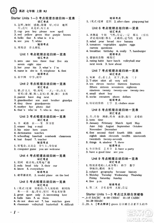 2019王朝霞考点梳理时习卷英语七年级上册RJ版人教版参考答案