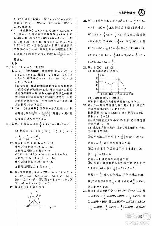 2019王朝霞考点梳理时习卷数学七年级上册BS北师版参考答案