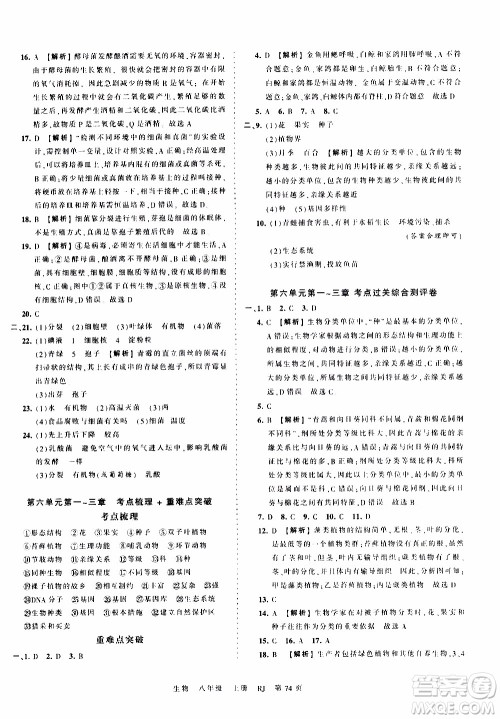 2019王朝霞考点梳理时习卷生物八年级上册RJ版人教版参考答案