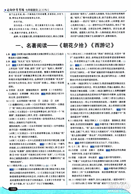 金星教育2019年走向中考考场七年级语文上RJ人教版参考答案