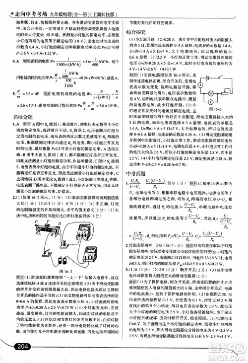 金星教育2019年走向中考考场九年级全一册物理上海科技版参考答案