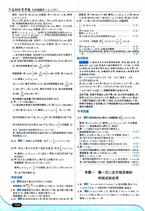 金星教育2019年走向中考考场九年级上数学RJ人教版参考答案