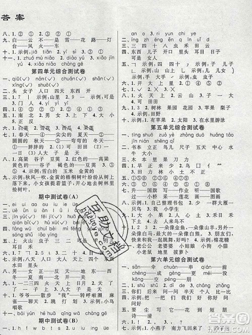 新世纪出版社2019年同步跟踪全程检测一年级语文上册苏教版答案