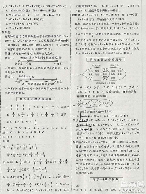 天地出版社2019秋人教版名师优题小学系列卷三年级数学上册答案